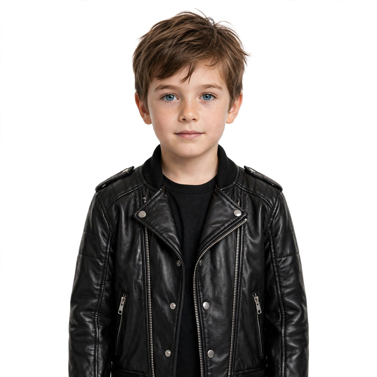 Kids Black Leather Biker Jacket | Front Back Side View | Ages 4-14