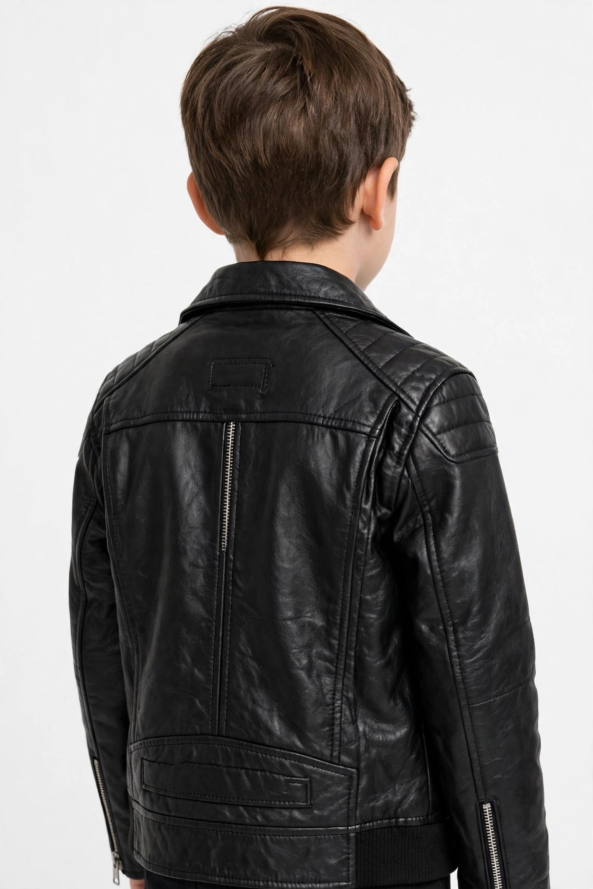 Kids Black Leather Biker Jacket | Front Back Side View | Ages 4-14
