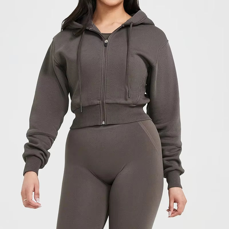Women's 3-Piece Activewear Set - Cropped Zip-Up Hoodie + Sports Bra + High-Waisted Leggings - Gym Workout Yoga Set