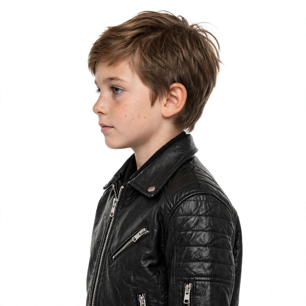 Kids Black Leather Biker Jacket | Front Back Side View | Ages 4-14