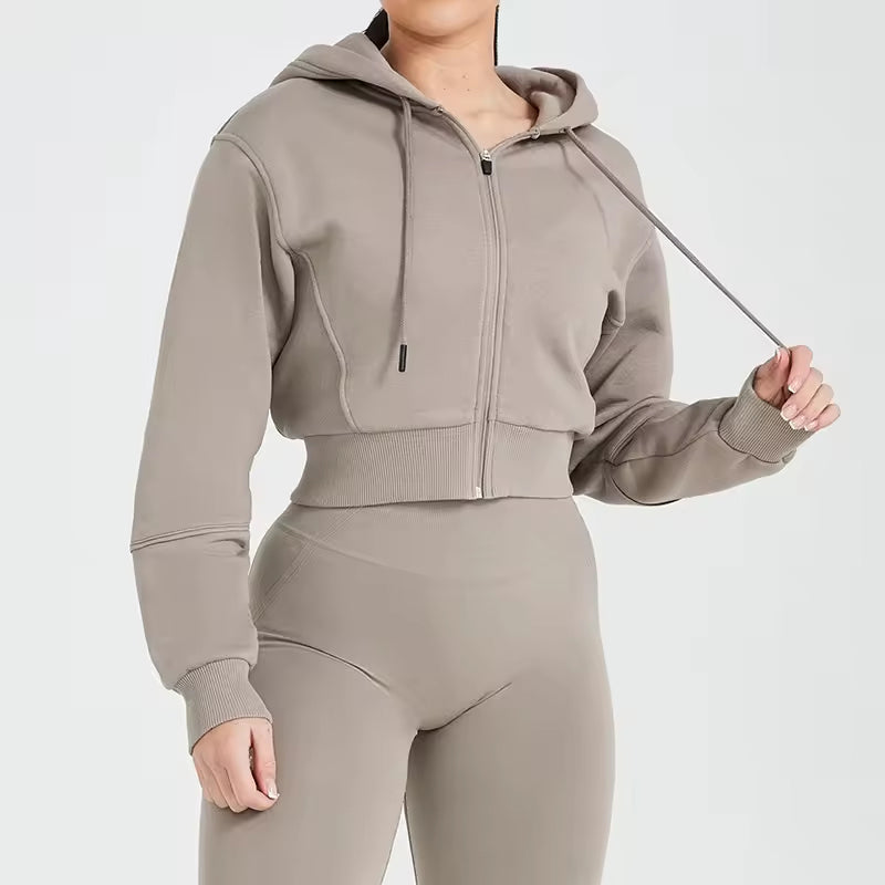 Women's 3-Piece Activewear Set - Cropped Zip-Up Hoodie + Sports Bra + High-Waisted Leggings - Gym Workout Yoga Set