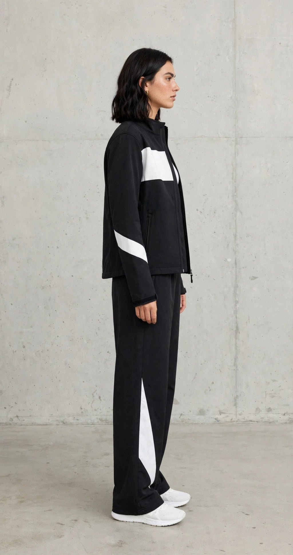 Women's Color-Block Softshell Tracksuit - Black & White Zip Jacket + Wide Leg Track Pants Set