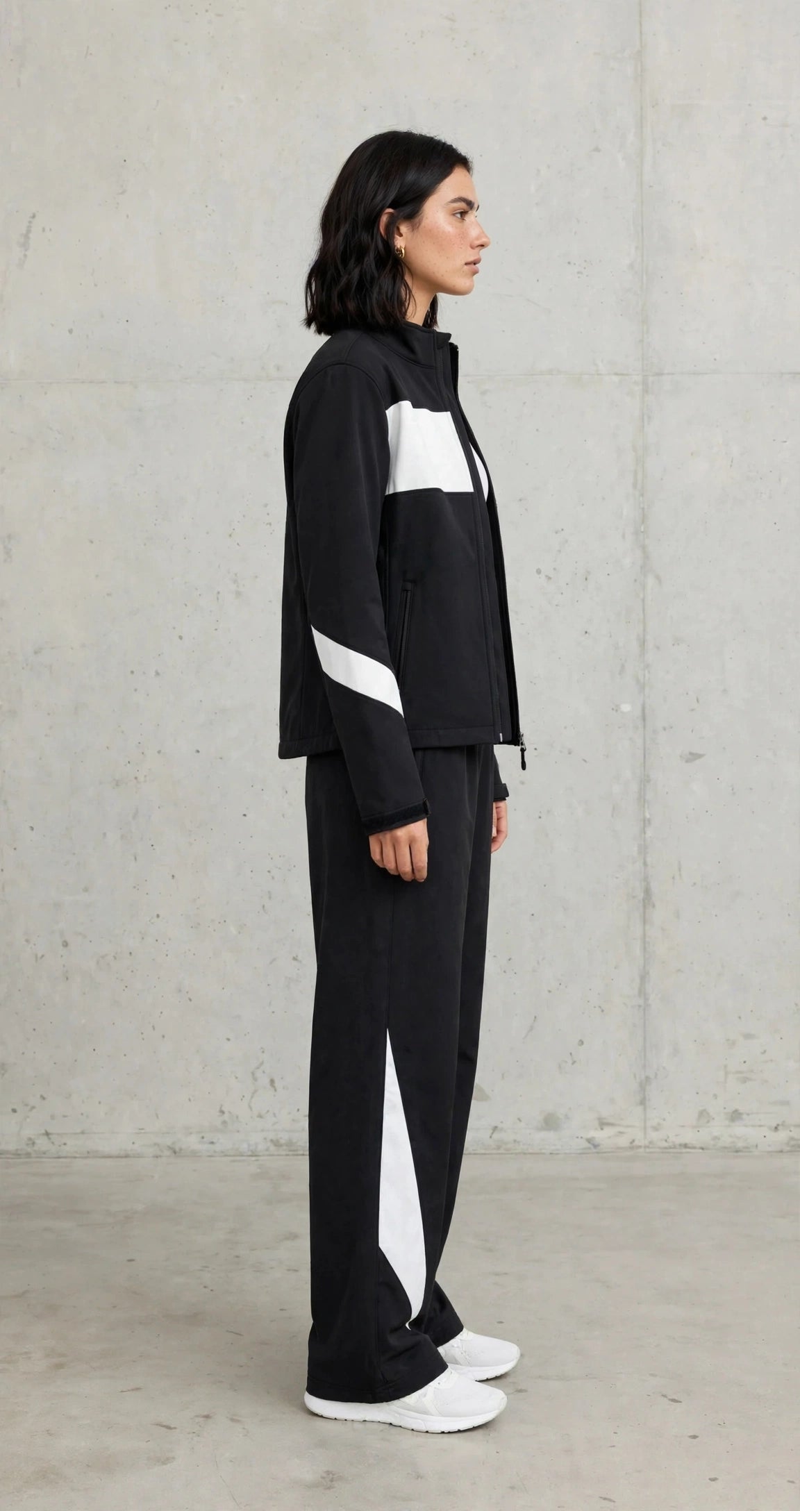 Women's Color-Block Softshell Tracksuit - Black & White Zip Jacket + Wide Leg Track Pants Set