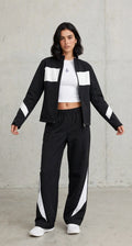 Women's Color-Block Softshell Tracksuit - Black & White Zip Jacket + Wide Leg Track Pants Set