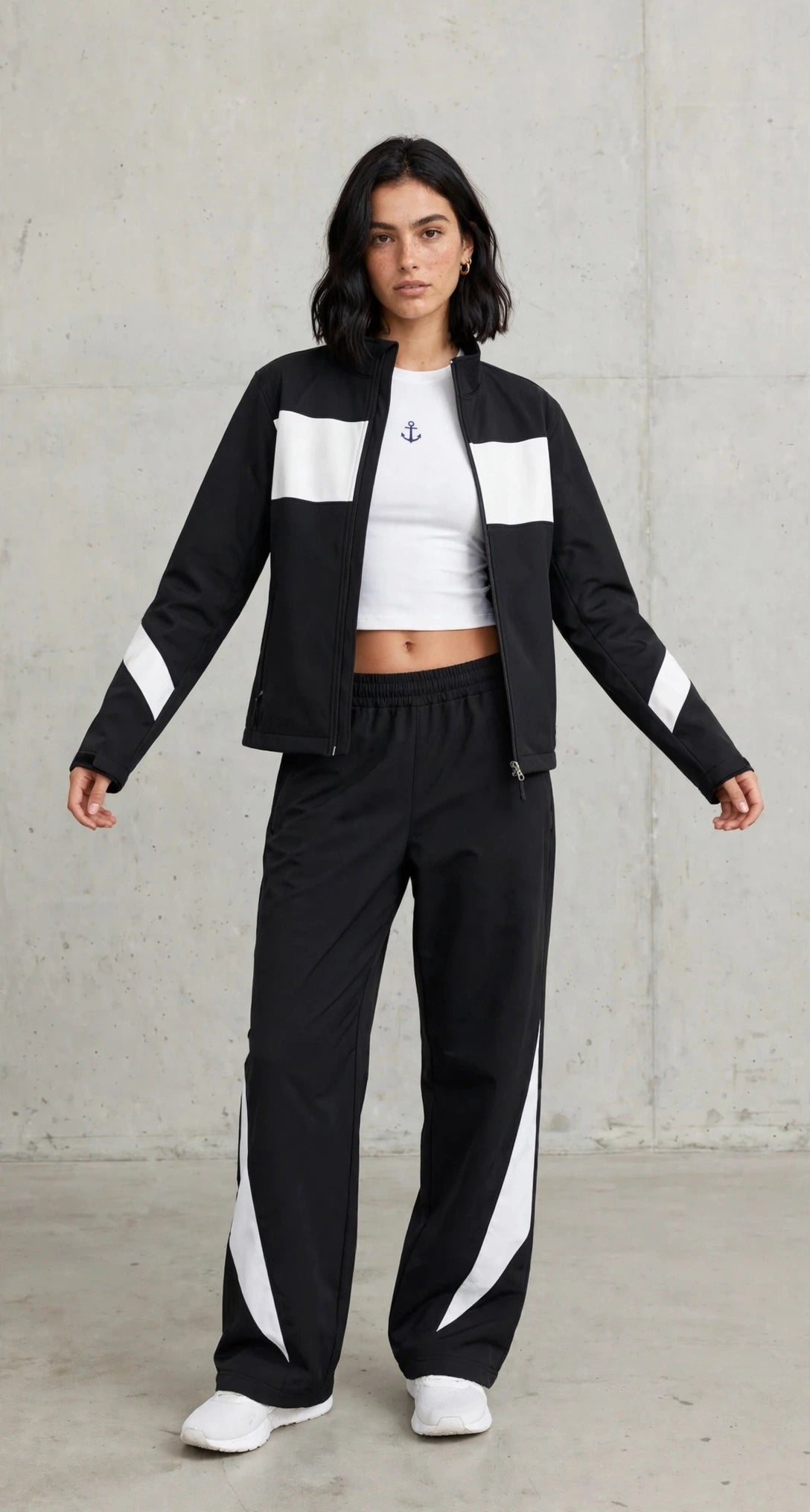 Women's Color-Block Softshell Tracksuit - Black & White Zip Jacket + Wide Leg Track Pants Set