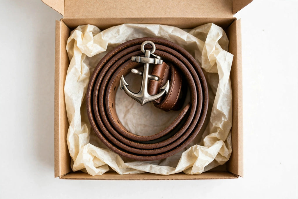 Men's Vintage Leather Belt - Brown Genuine Leather with Anchor Embossed and Antique Brass Buckle