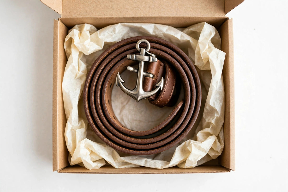 Men's Vintage Leather Belt - Brown Genuine Leather with Anchor Embossed and Antique Brass Buckle