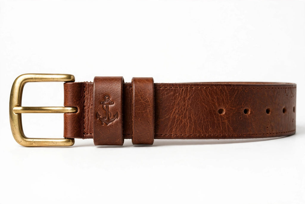Men's Vintage Leather Belt - Brown Genuine Leather with Anchor Embossed and Antique Brass Buckle