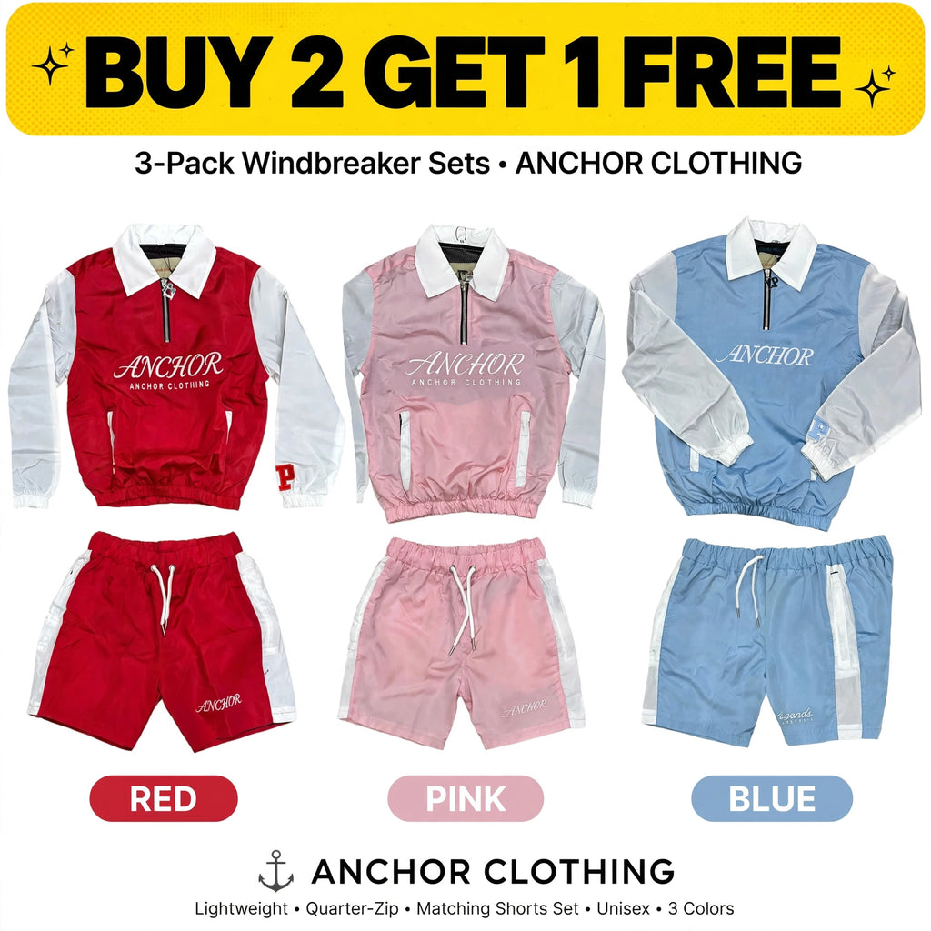 Anchor Clothing 3-Pack Windbreaker Sets - Unisex Quarter-Zip Jacket & Shorts Set - Red Pink Blue - Buy 2 Get 1 Free