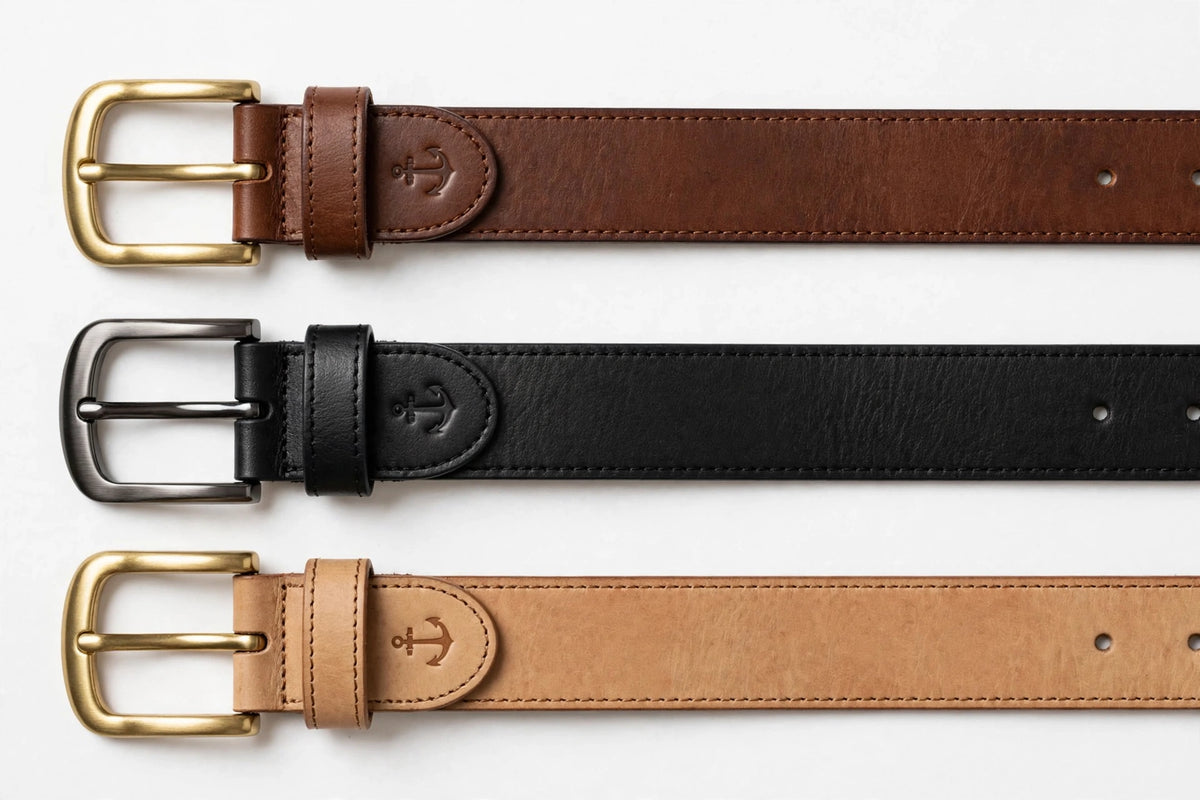 Men's Vintage Leather Belt - Brown Genuine Leather with Anchor Embossed and Antique Brass Buckle