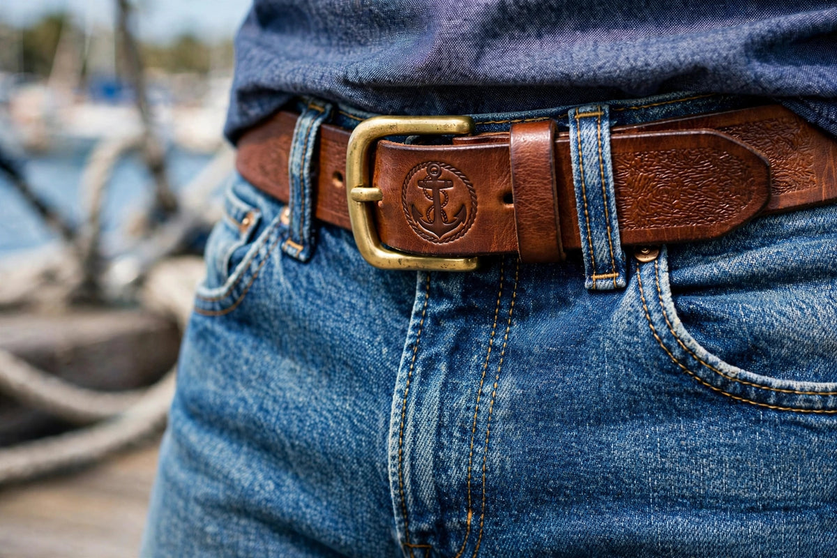 Men's Vintage Leather Belt - Brown Genuine Leather with Anchor Embossed and Antique Brass Buckle