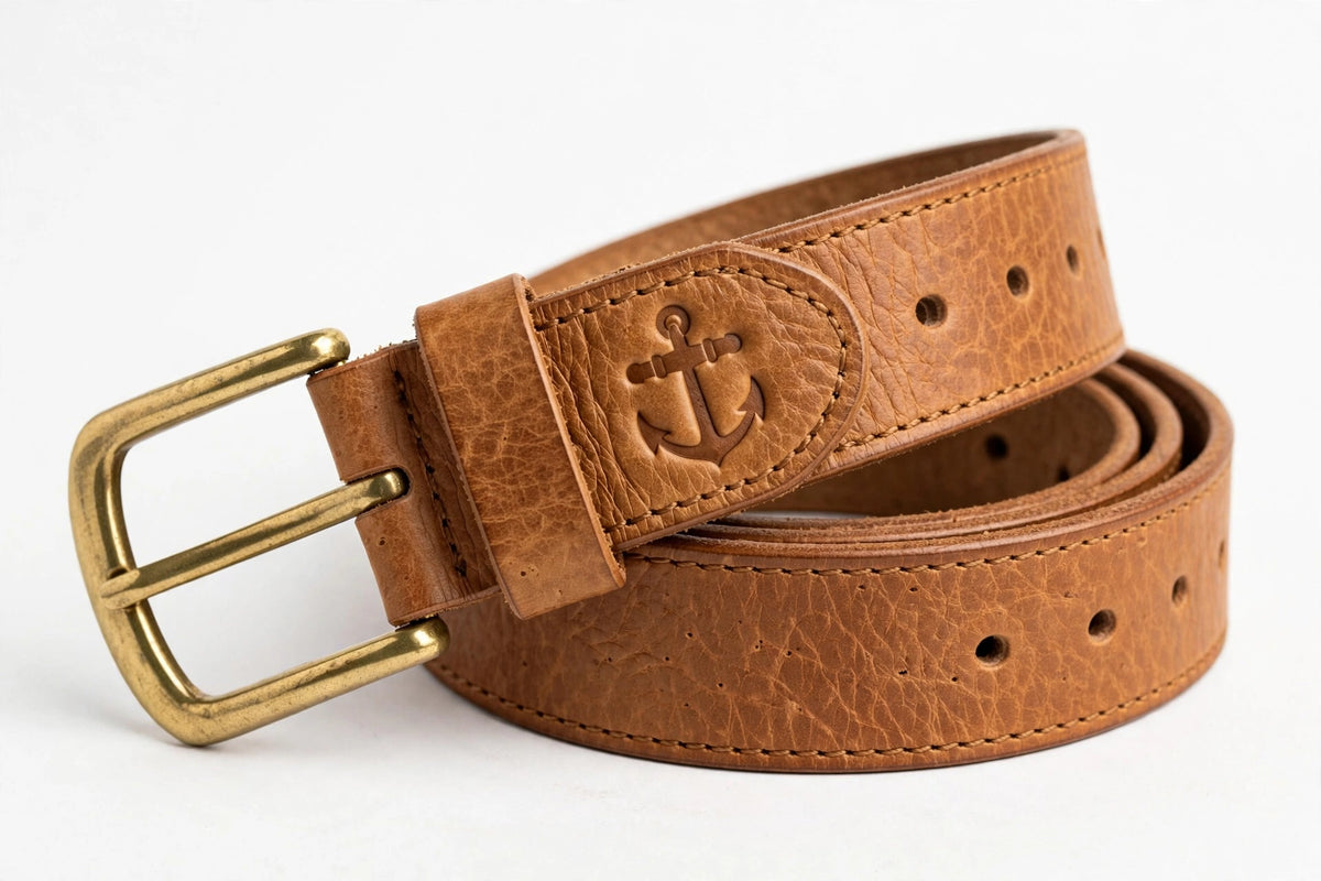 Men's Vintage Leather Belt - Brown Genuine Leather with Anchor Embossed and Antique Brass Buckle