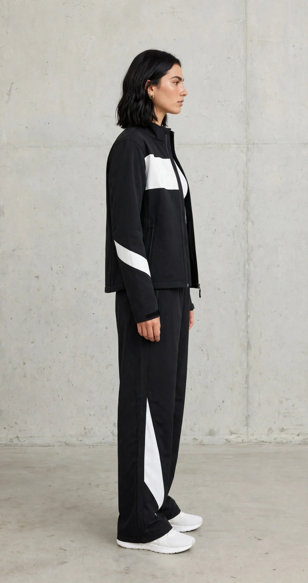 Women's Color-Block Softshell Tracksuit - Black & White Zip Jacket + Wide Leg Track Pants Set