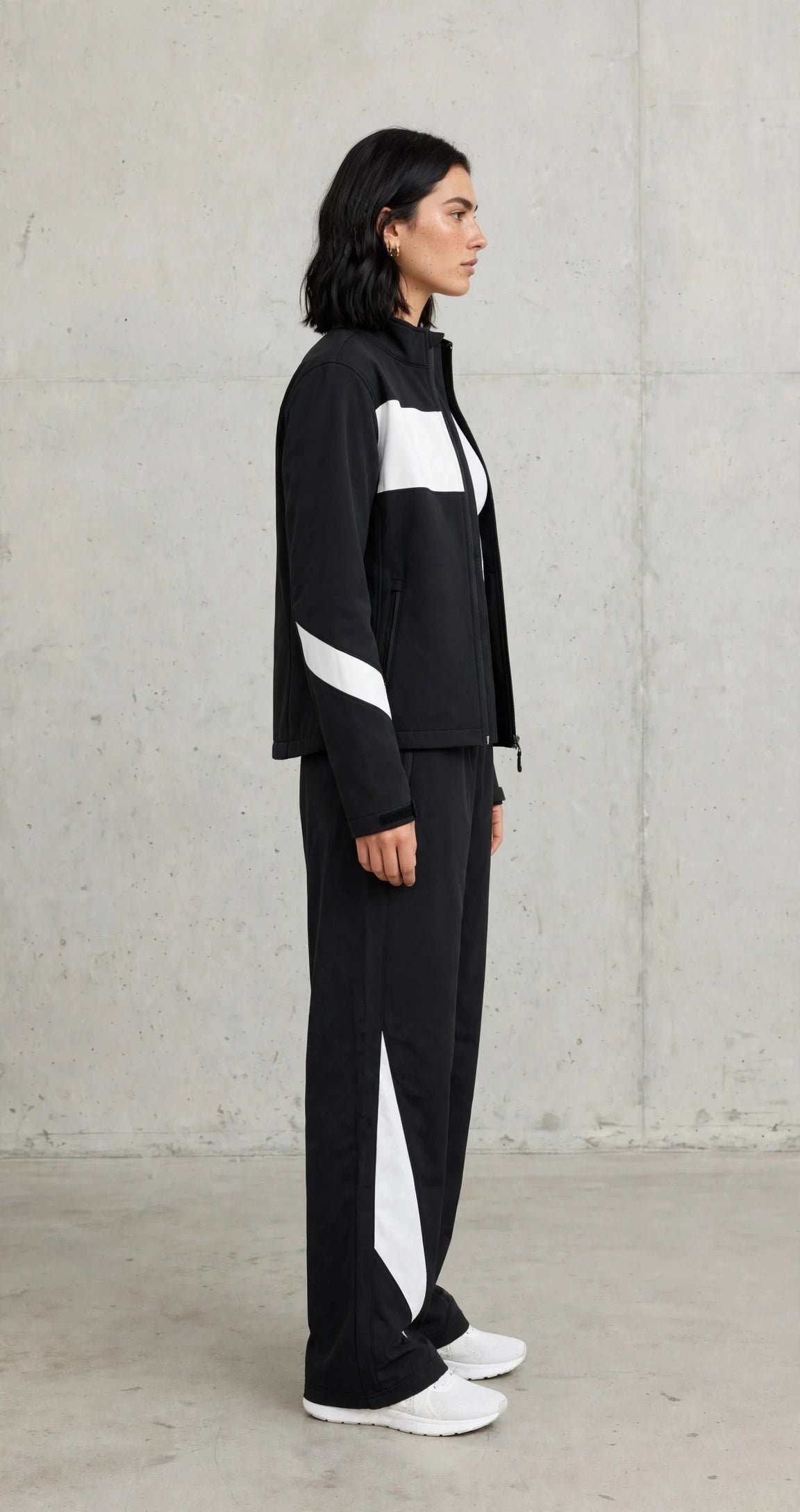 Women's Color-Block Softshell Tracksuit - Black & White Zip Jacket + Wide Leg Track Pants Set