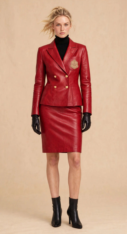 Anchor Clothing Red Leather Blazer Skirt Set - Double-Breasted Blazer + Pencil Skirt - Women's Luxury Faux Leather 2-Piece Suit