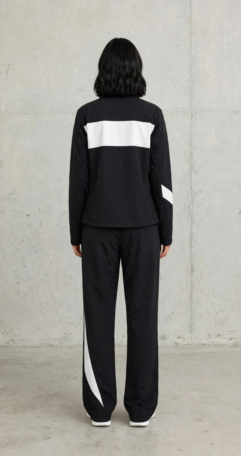 Women's Color-Block Softshell Tracksuit - Black & White Zip Jacket + Wide Leg Track Pants Set