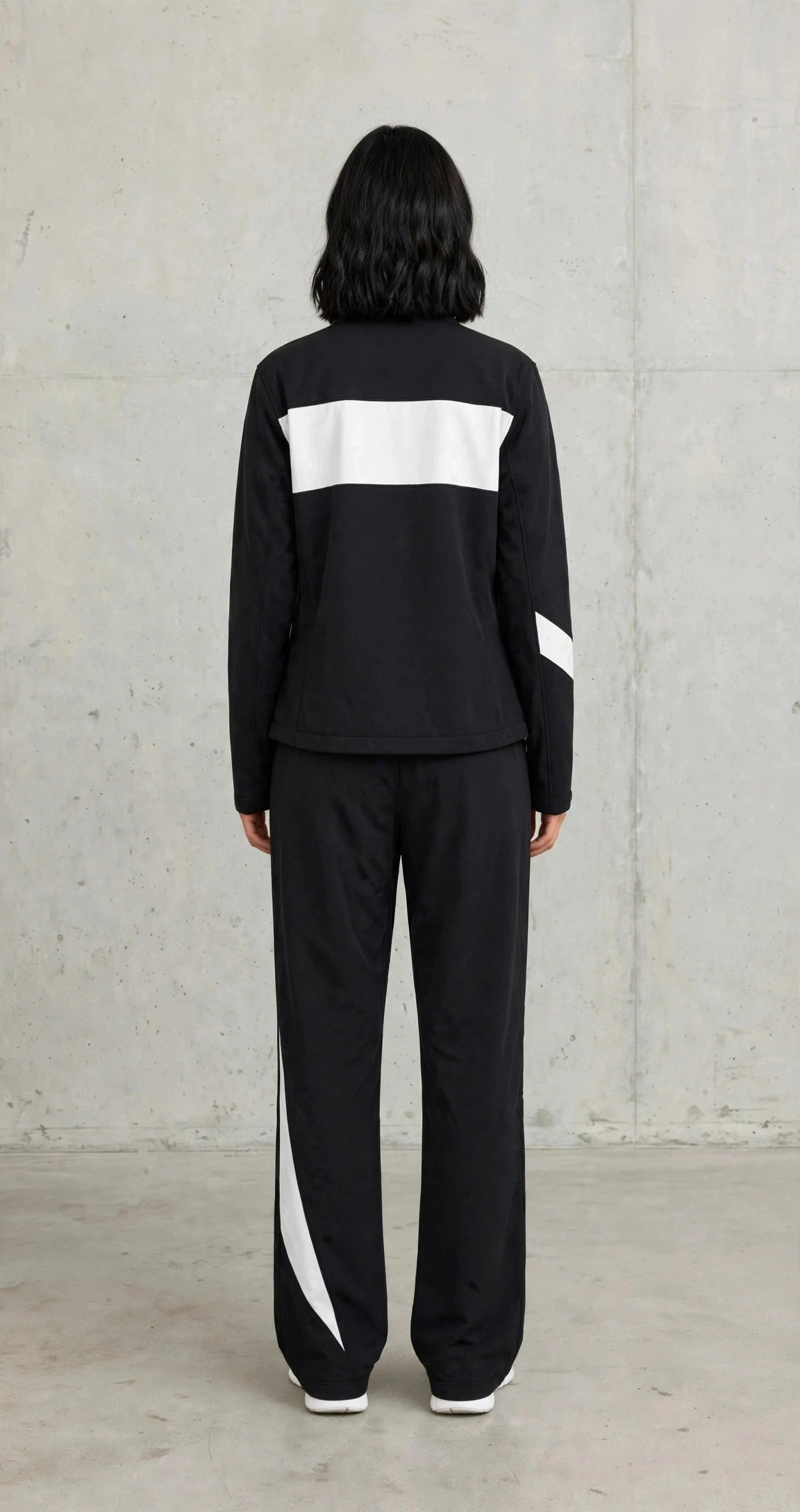 Women's Color-Block Softshell Tracksuit - Black & White Zip Jacket + Wide Leg Track Pants Set