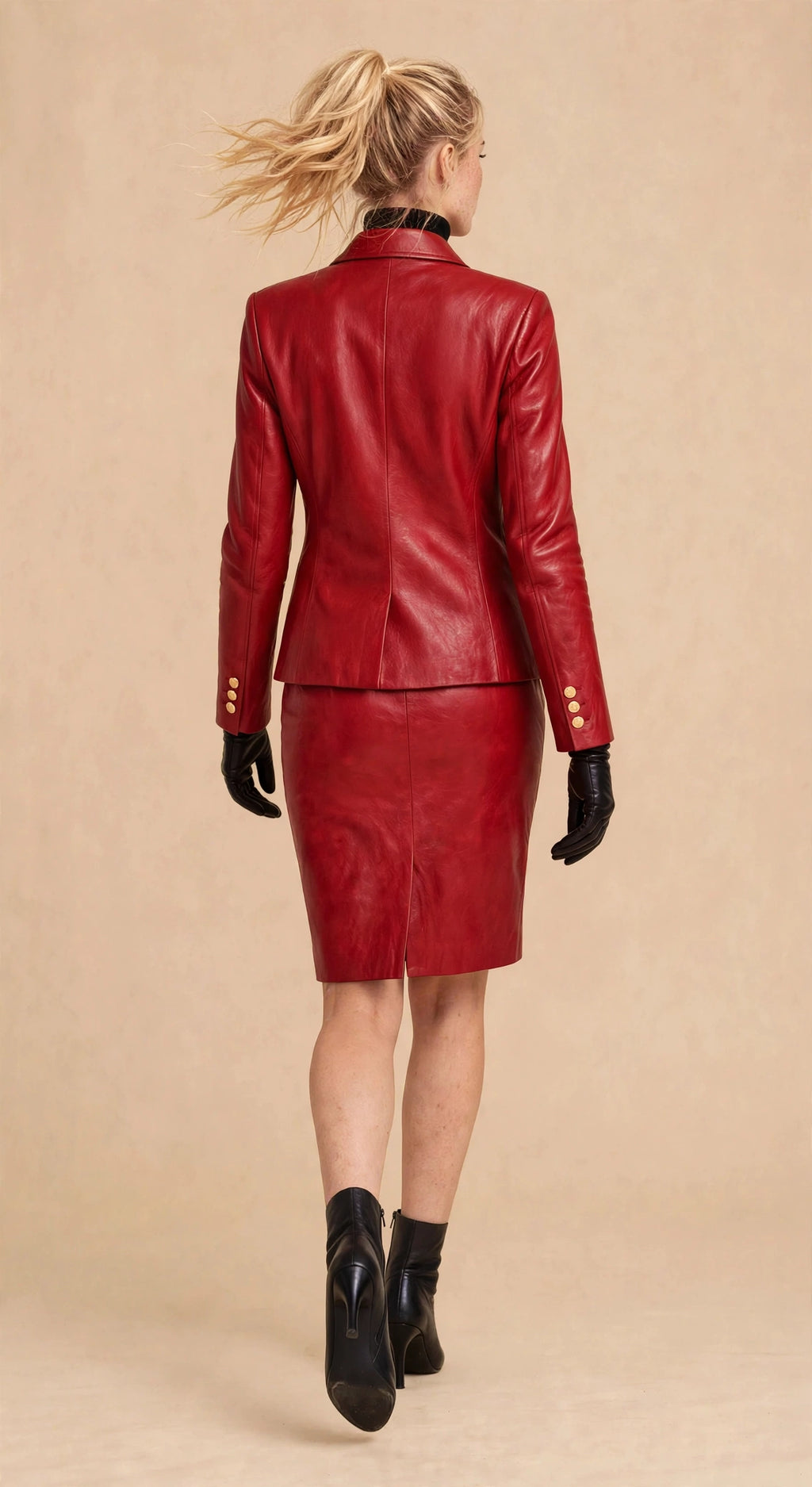 Anchor Clothing Red Leather Blazer Skirt Set - Double-Breasted Blazer + Pencil Skirt - Women's Luxury Faux Leather 2-Piece Suit
