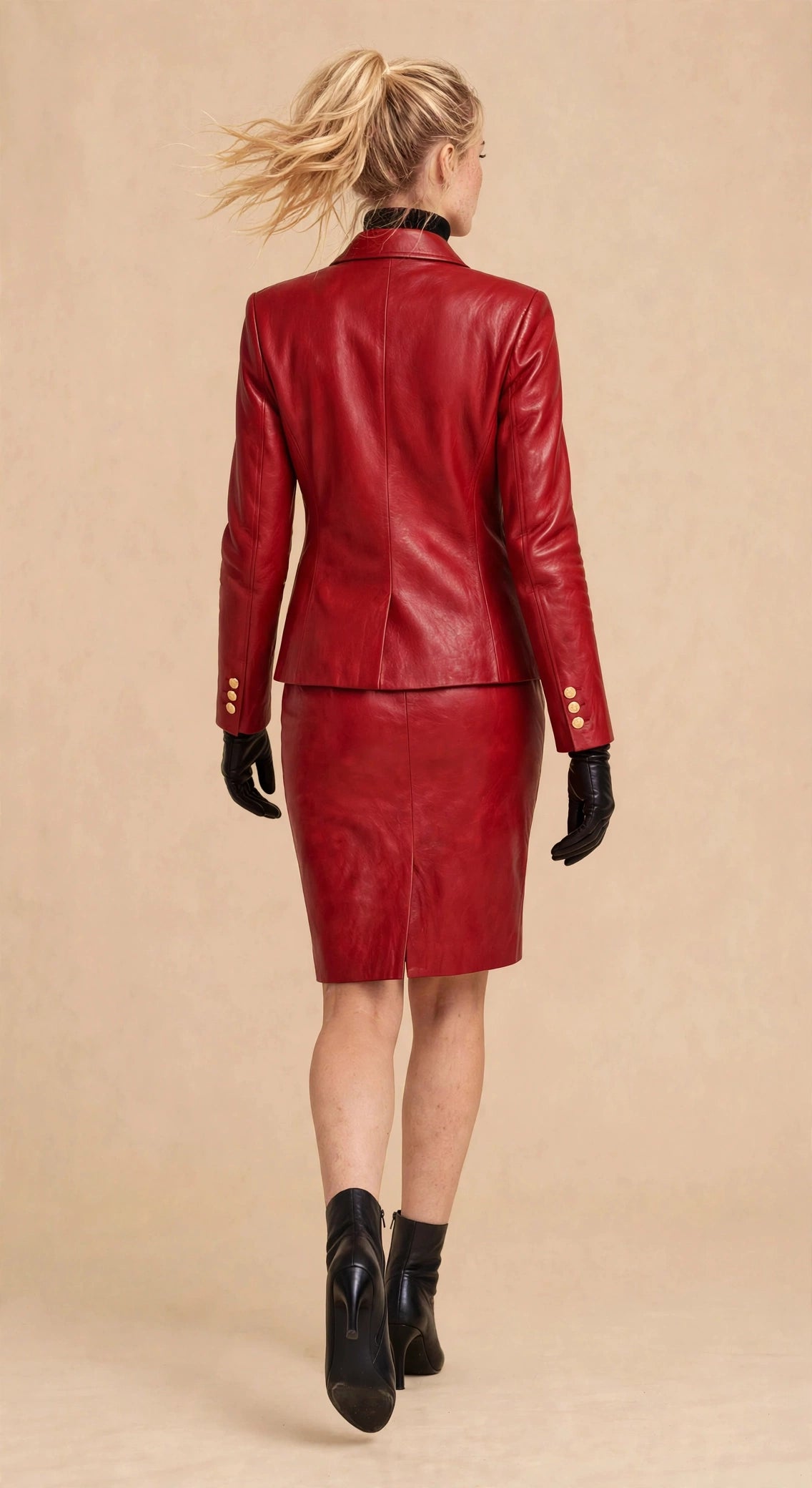 Anchor Clothing Red Leather Blazer Skirt Set - Double-Breasted Blazer + Pencil Skirt - Women's Luxury Faux Leather 2-Piece Suit
