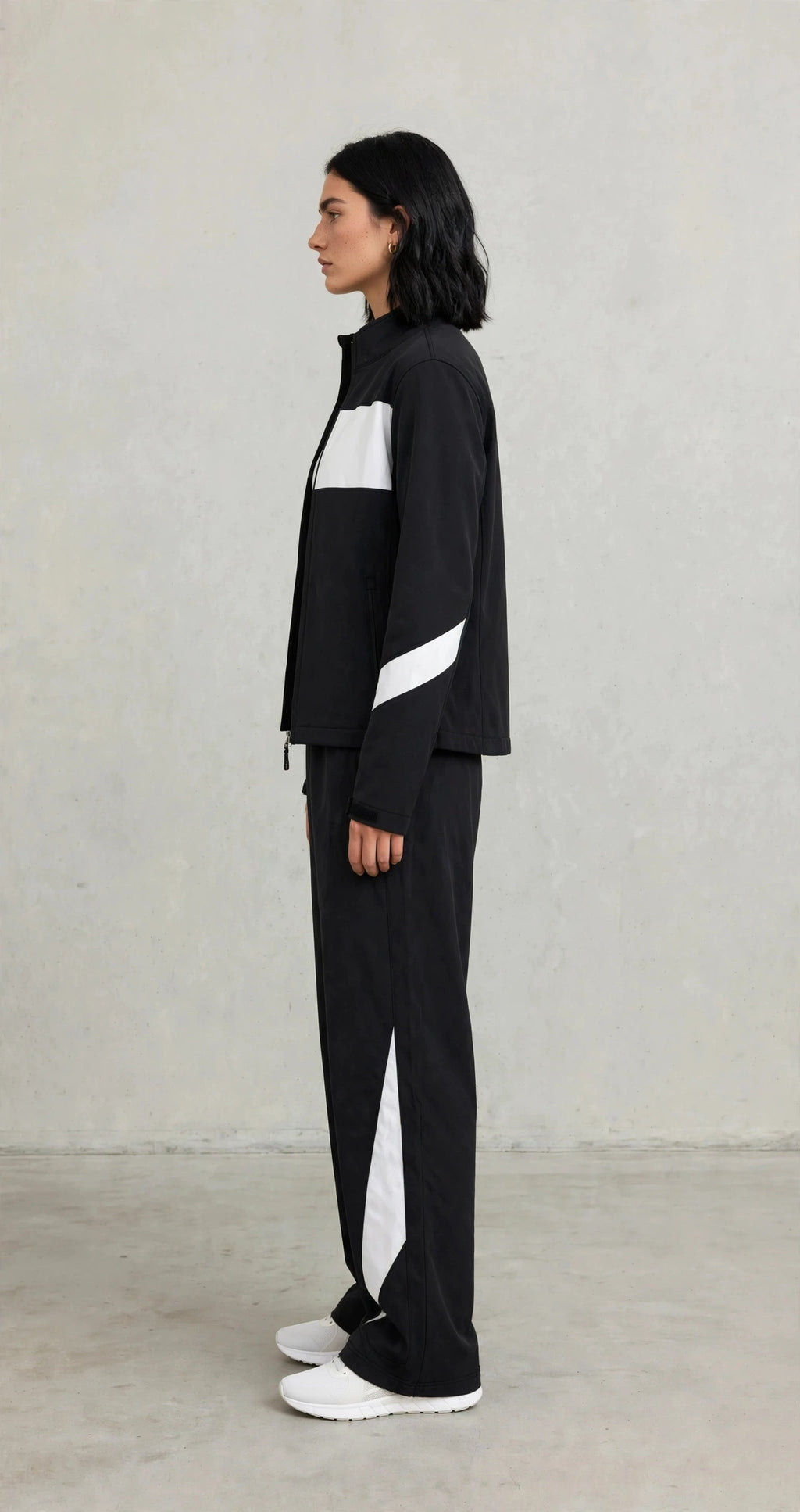 Women's Color-Block Softshell Tracksuit - Black & White Zip Jacket + Wide Leg Track Pants Set