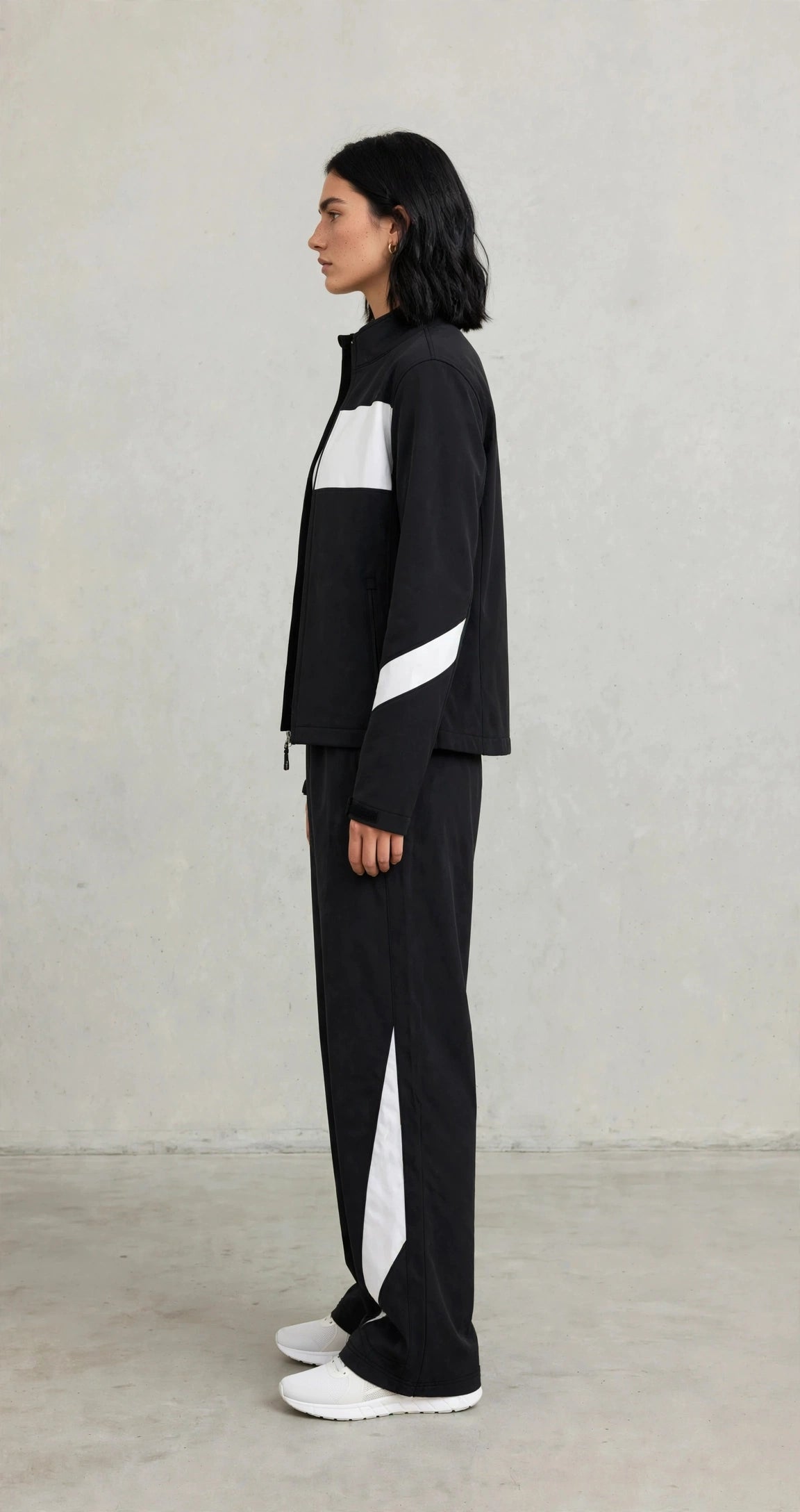 Women's Color-Block Softshell Tracksuit - Black & White Zip Jacket + Wide Leg Track Pants Set