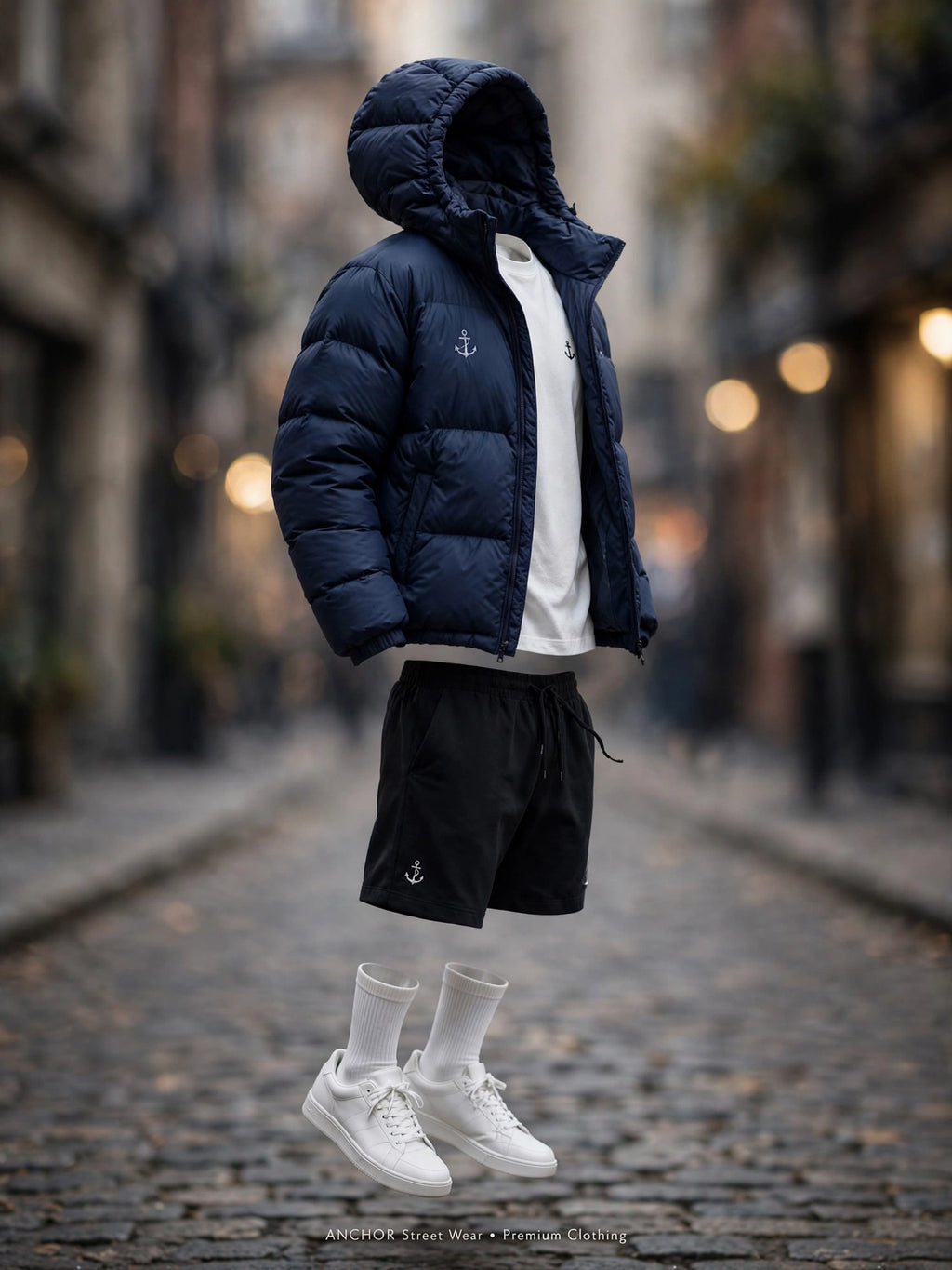 Anchor Street Puffer Bundle - Men's 3-Piece Winter Set | Grey Hooded Puffer Jacket + T-Shirt + Shorts