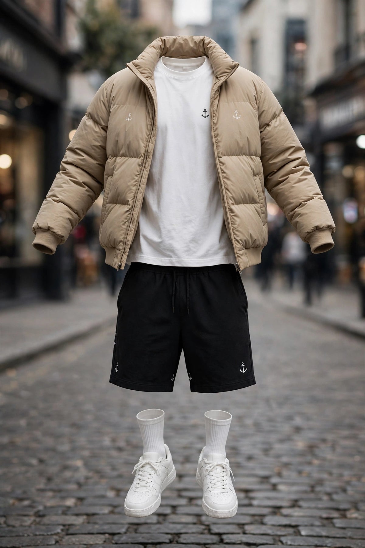 Anchor Street Puffer Bundle - Men's 3-Piece Winter Set | Grey Hooded Puffer Jacket + T-Shirt + Shorts