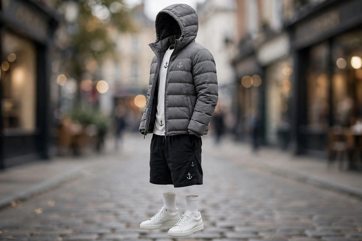 Anchor Street Puffer Bundle - Men's 3-Piece Winter Set | Grey Hooded Puffer Jacket + T-Shirt + Shorts