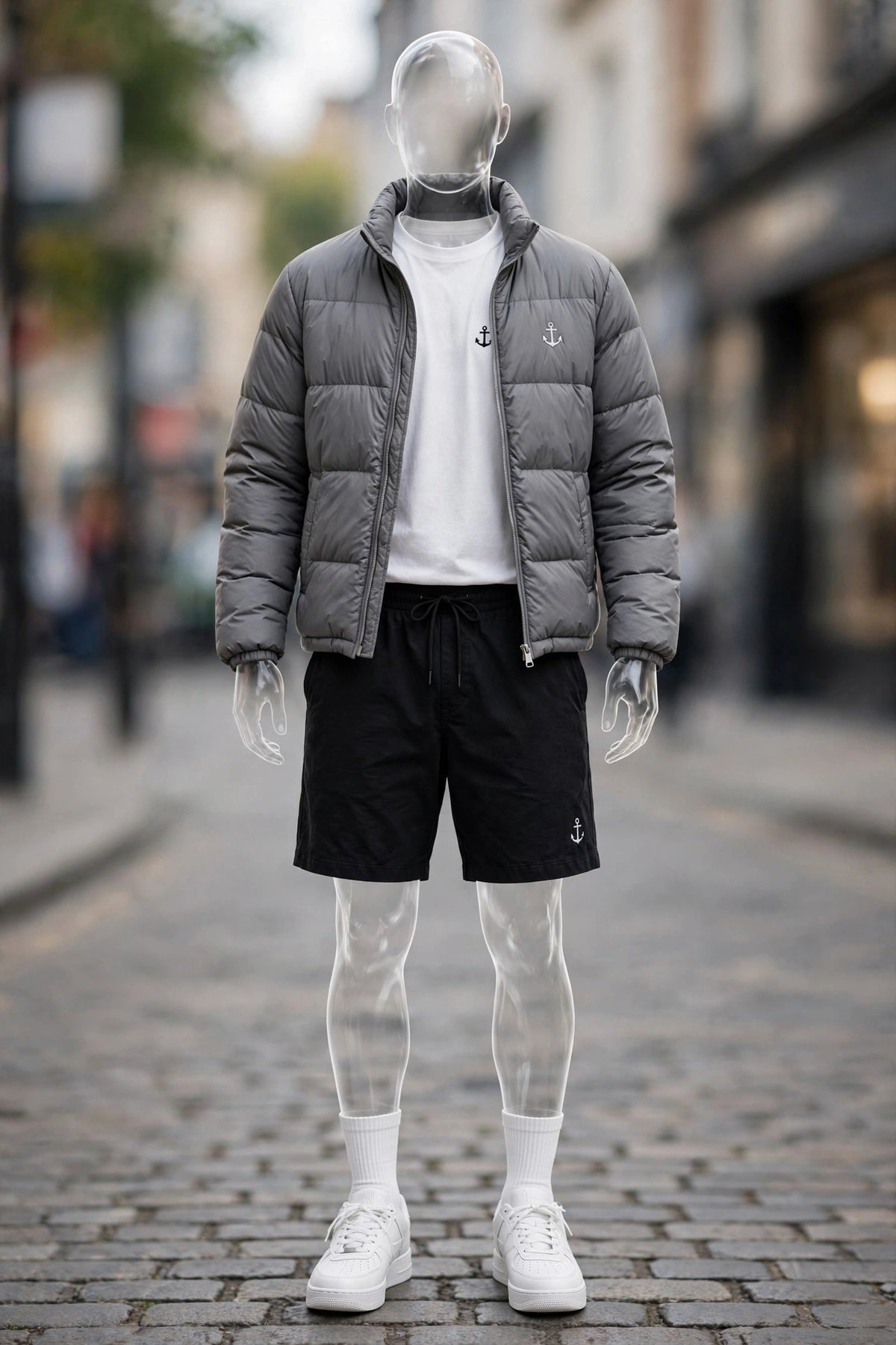 Anchor Street Puffer Bundle - Men's 3-Piece Winter Set | Grey Hooded Puffer Jacket + T-Shirt + Shorts