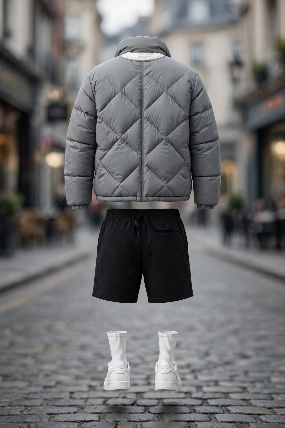 Anchor Street Puffer Bundle - Men's 3-Piece Winter Set | Grey Hooded Puffer Jacket + T-Shirt + Shorts