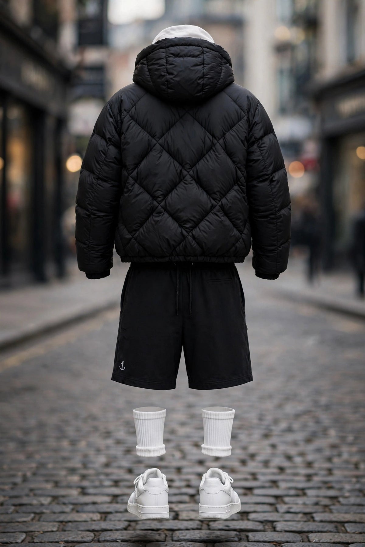 Anchor Street Puffer Bundle - Men's 3-Piece Winter Set | Grey Hooded Puffer Jacket + T-Shirt + Shorts