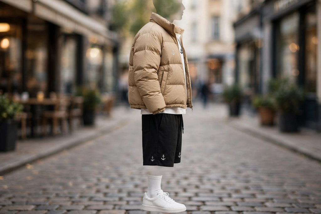 Anchor Street Puffer Bundle - Men's 3-Piece Winter Set | Grey Hooded Puffer Jacket + T-Shirt + Shorts