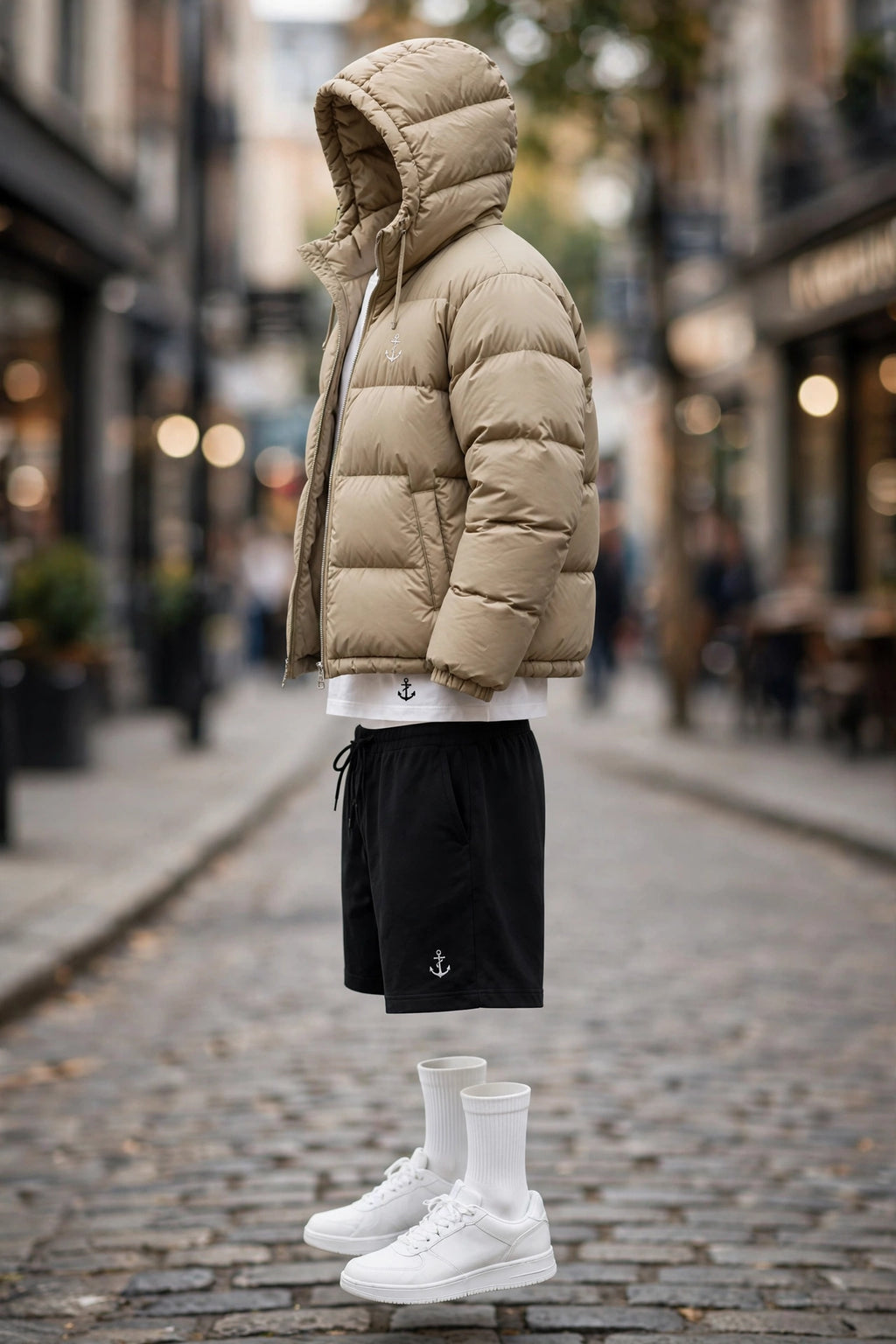 Anchor Street Puffer Bundle - Men's 3-Piece Winter Set | Grey Hooded Puffer Jacket + T-Shirt + Shorts