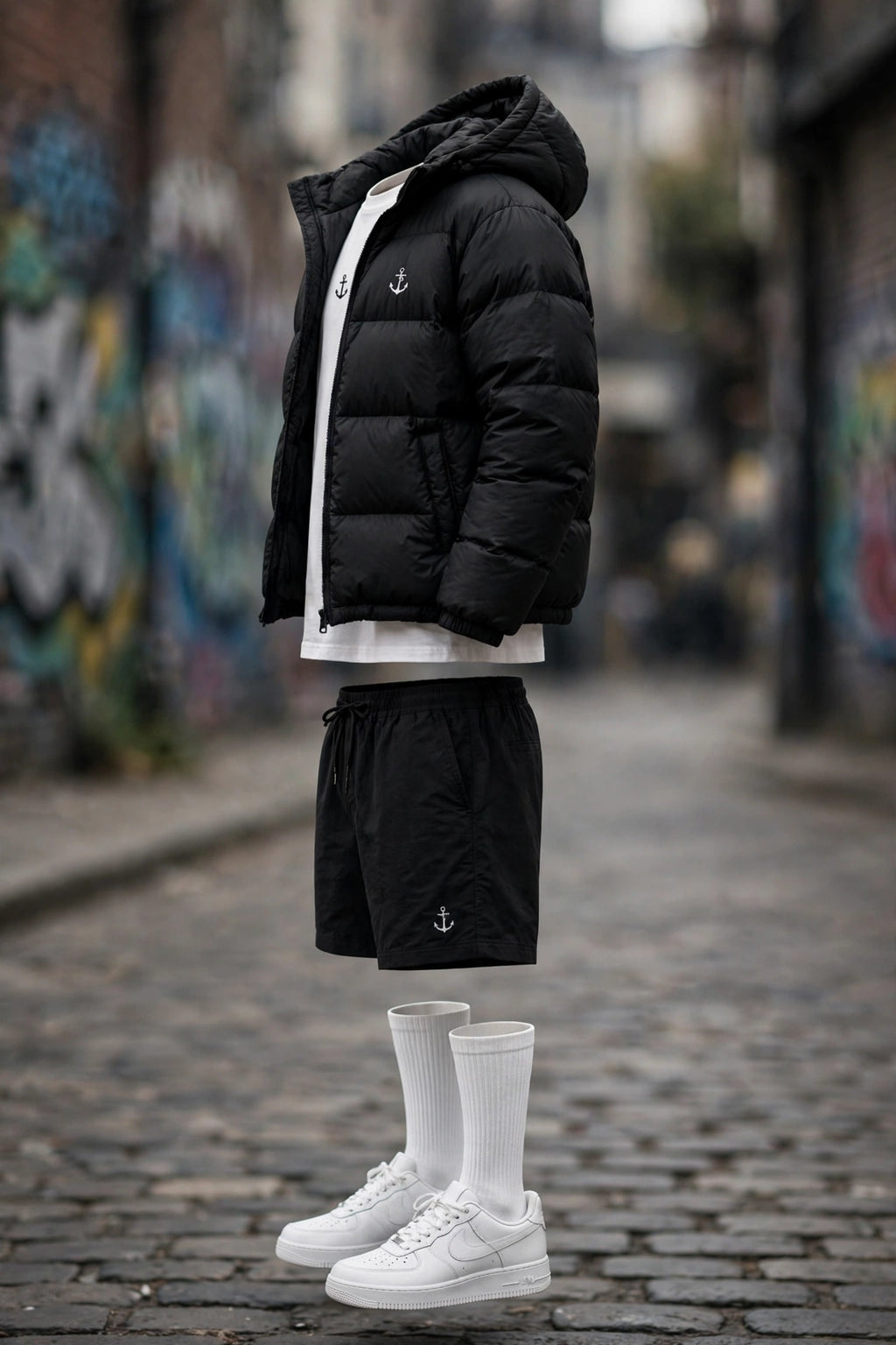Anchor Street Puffer Bundle - Men's 3-Piece Winter Set | Grey Hooded Puffer Jacket + T-Shirt + Shorts
