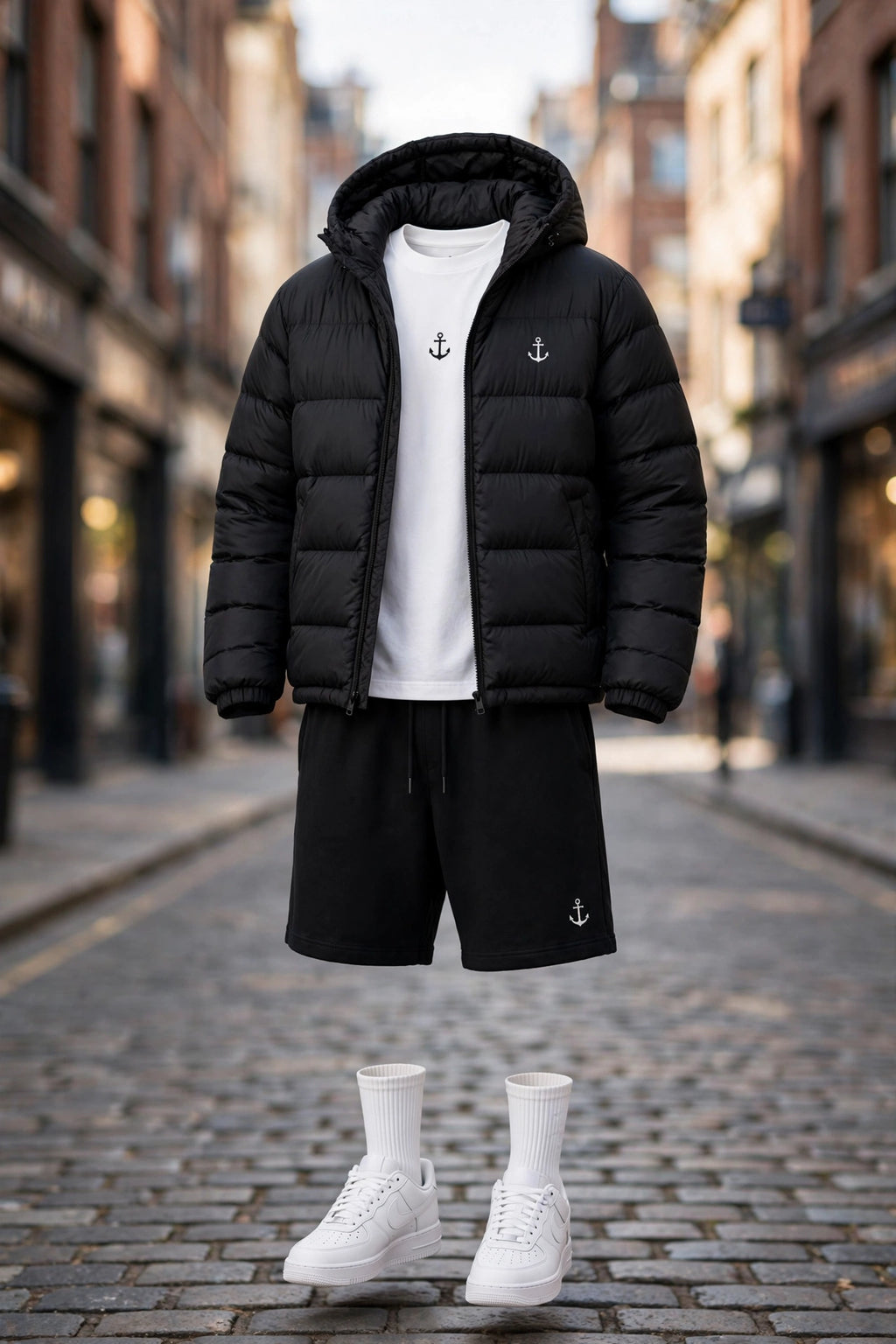 Anchor Street Puffer Bundle - Men's 3-Piece Winter Set | Grey Hooded Puffer Jacket + T-Shirt + Shorts