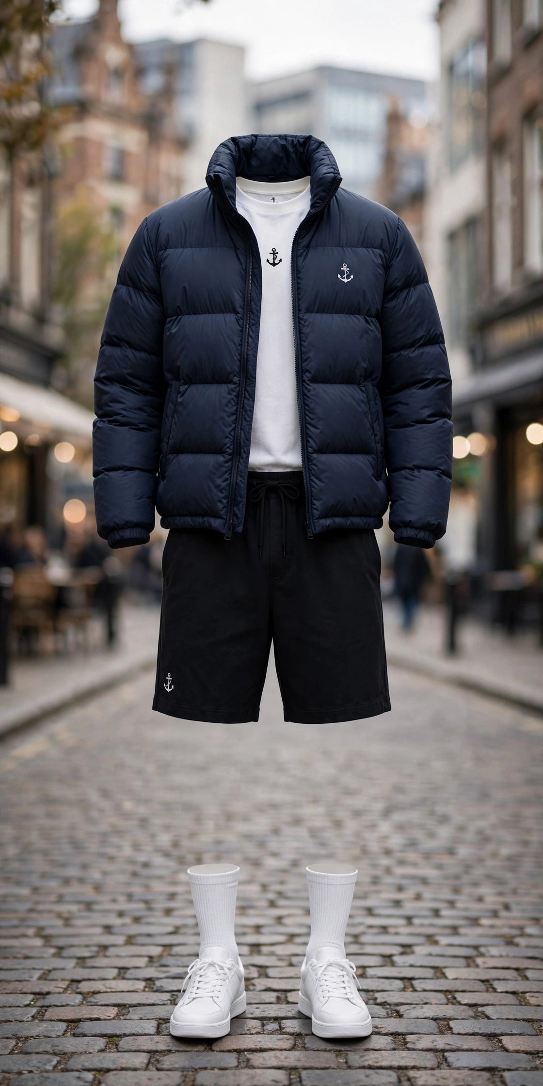 Anchor Street Puffer Bundle - Men's 3-Piece Winter Set | Grey Hooded Puffer Jacket + T-Shirt + Shorts