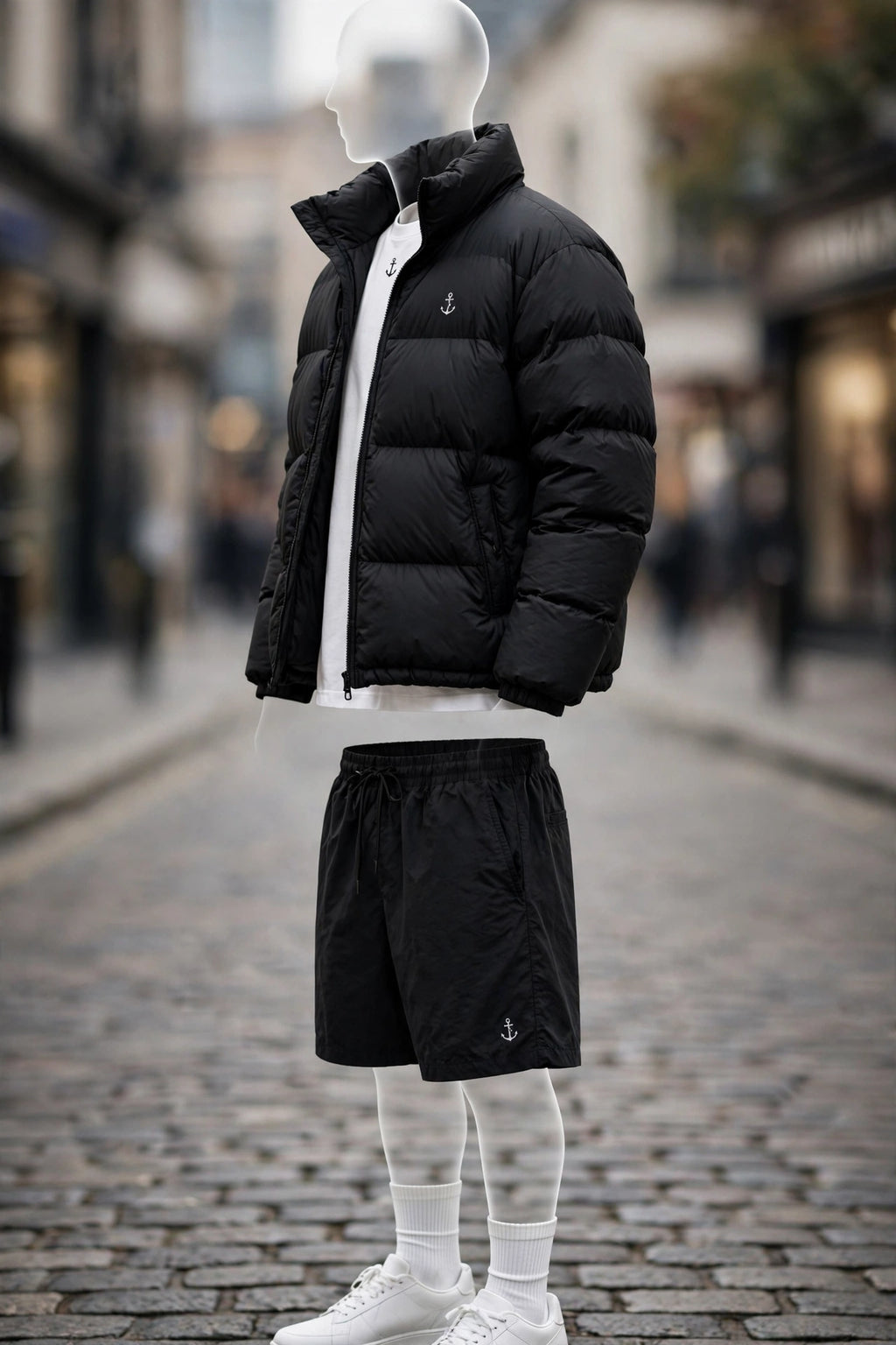 Anchor Street Puffer Bundle - Men's 3-Piece Winter Set | Grey Hooded Puffer Jacket + T-Shirt + Shorts