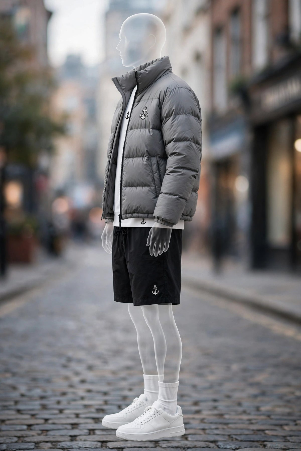 Anchor Street Puffer Bundle - Men's 3-Piece Winter Set | Grey Hooded Puffer Jacket + T-Shirt + Shorts
