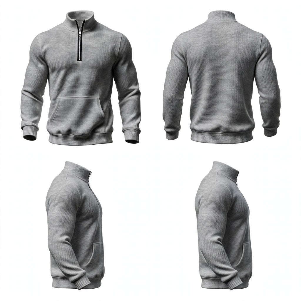 Front, Back, Side - The Everyday Quarter-Zip in Olive. Waffle-knit texture, warm mock neck, and kangaroo pocket