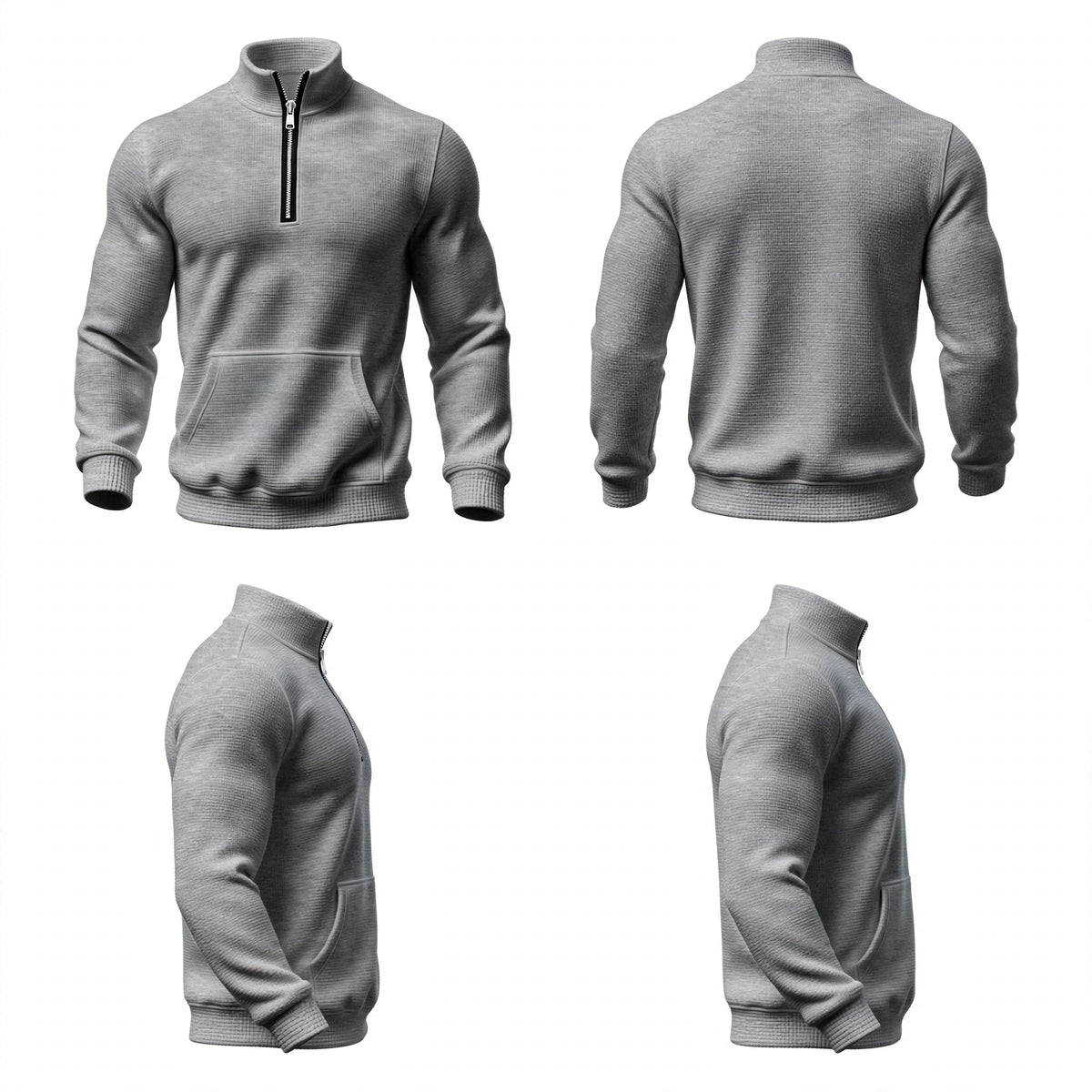 Front, Back, Side - The Everyday Quarter-Zip in Olive. Waffle-knit texture, warm mock neck, and kangaroo pocket