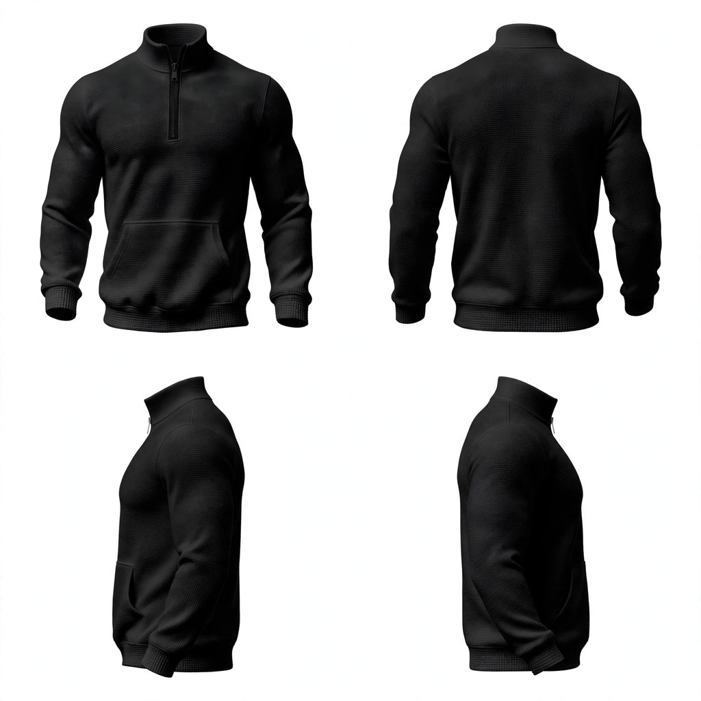 Front, Back, Side - The Everyday Quarter-Zip in Olive. Waffle-knit texture, warm mock neck, and kangaroo pocket