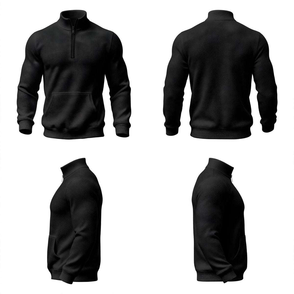 Front, Back, Side - The Everyday Quarter-Zip in Olive. Waffle-knit texture, warm mock neck, and kangaroo pocket