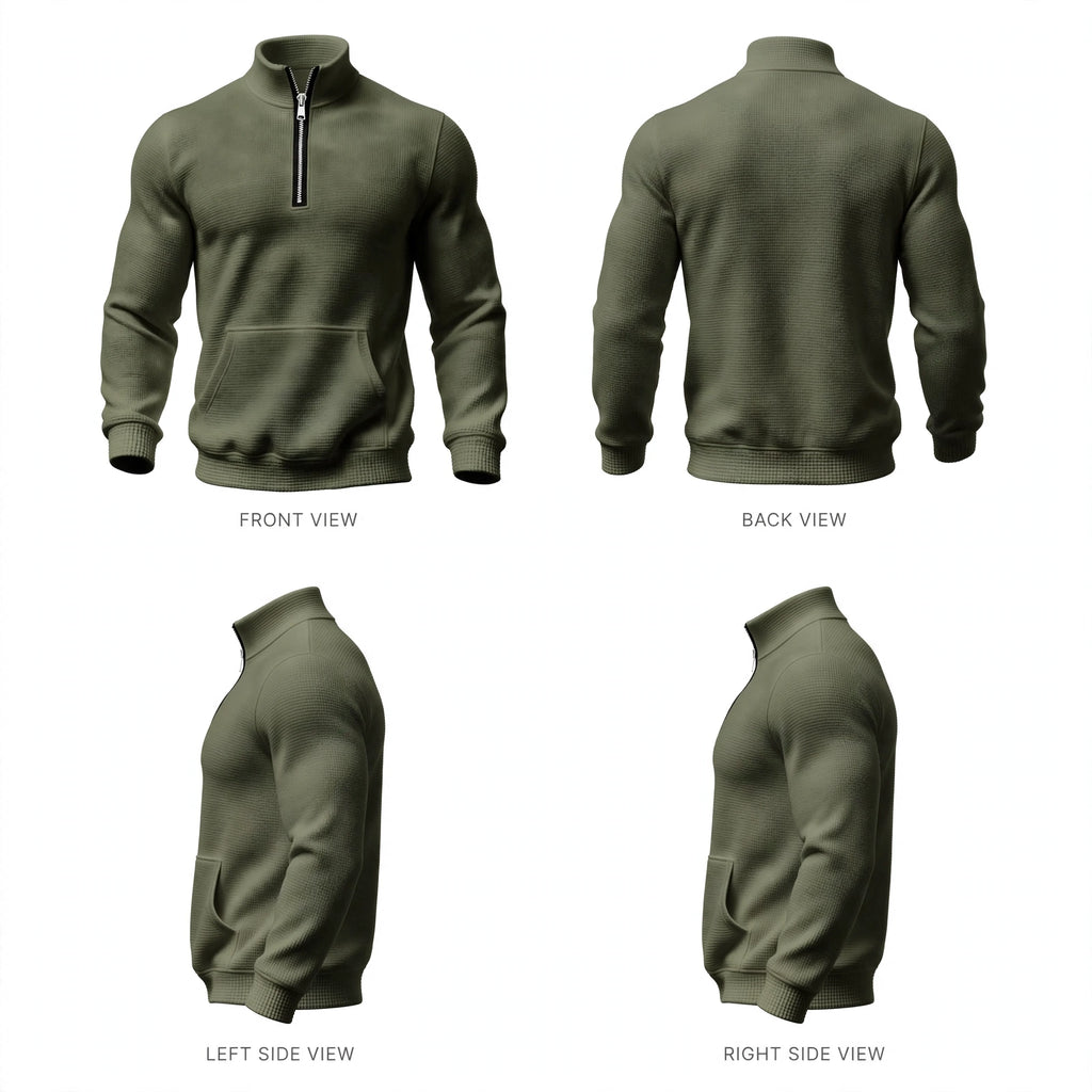 Front, Back, Side - The Everyday Quarter-Zip in Olive. Waffle-knit texture, warm mock neck, and kangaroo pocket