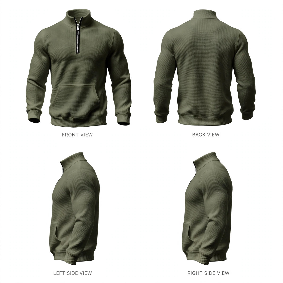 Front, Back, Side - The Everyday Quarter-Zip in Olive. Waffle-knit texture, warm mock neck, and kangaroo pocket