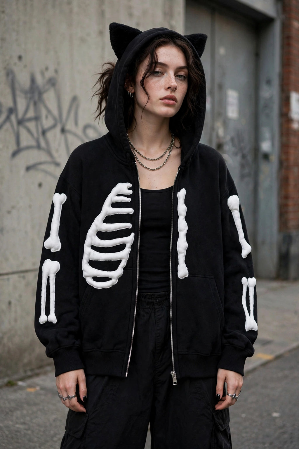 BONEZ Black Skeleton Cat Ear Zip-Up Hoodie - Y2K Goth Streetwear Oversized Hoodie with Bone Sleeves | Unisex
