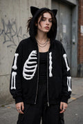 BONEZ Black Skeleton Cat Ear Zip-Up Hoodie - Y2K Goth Streetwear Oversized Hoodie with Bone Sleeves | Unisex