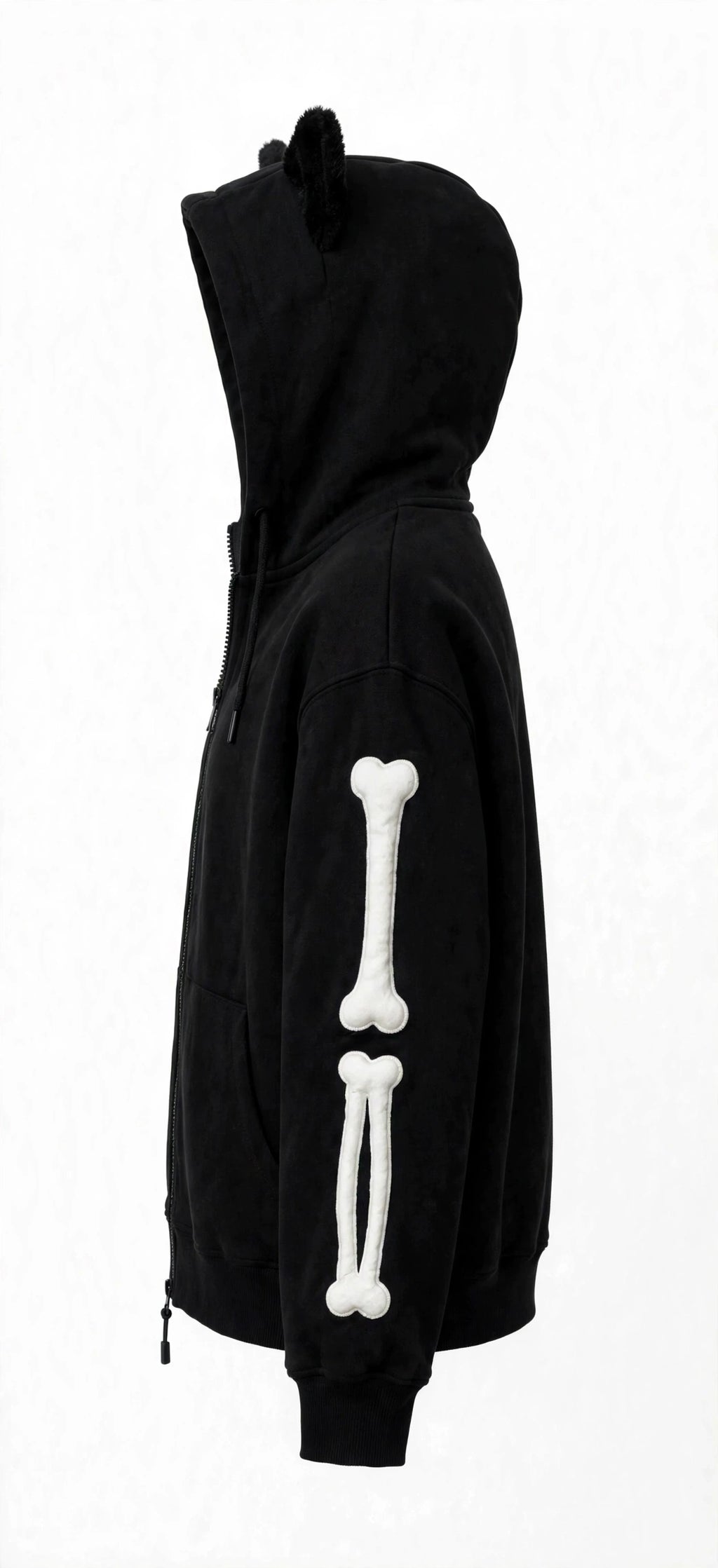 BONEZ Black Skeleton Cat Ear Zip-Up Hoodie - Y2K Goth Streetwear Oversized Hoodie with Bone Sleeves | Unisex