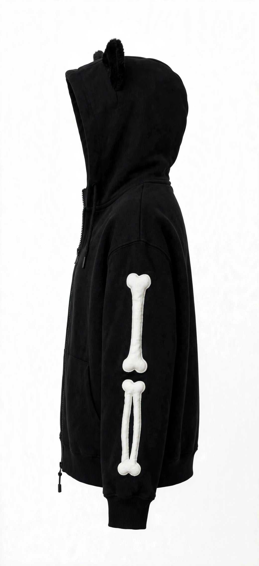 BONEZ Black Skeleton Cat Ear Zip-Up Hoodie - Y2K Goth Streetwear Oversized Hoodie with Bone Sleeves | Unisex