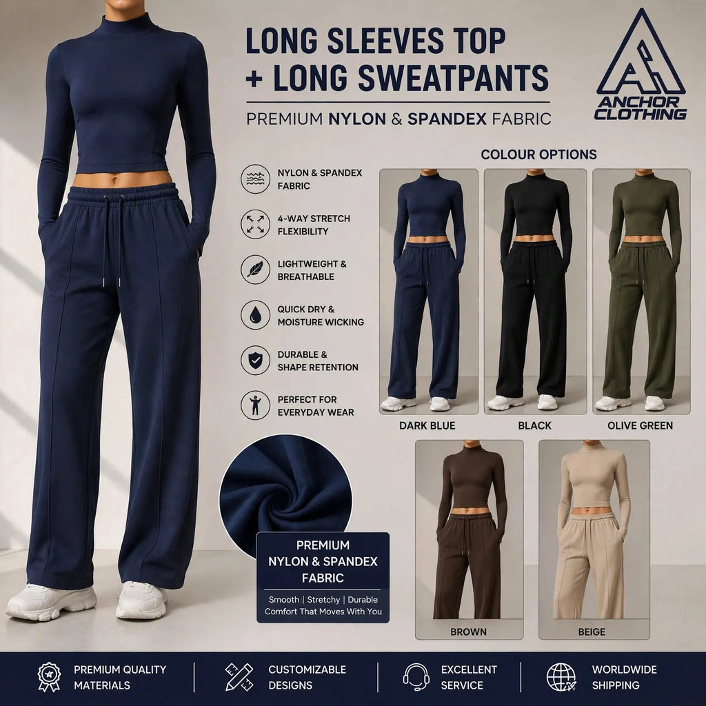 Nylon Spandex Lounge Set, Long Sleeve Top & Sweatpants, Athletic Outfit