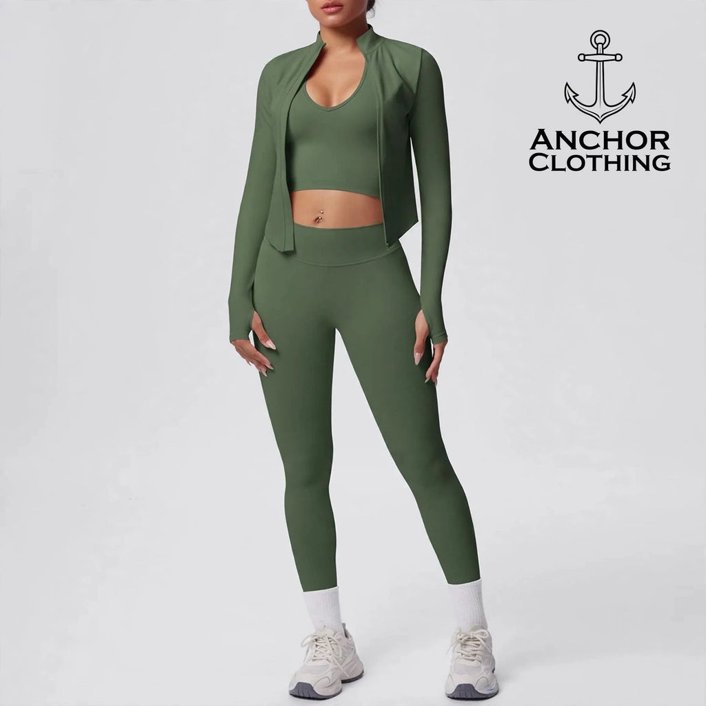 Women’s Seamless 3 Piece Yoga Set | Sports Bra Leggings & Zip Jacket | Matching Gym Outfit